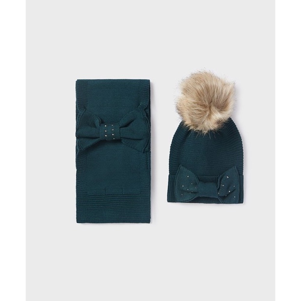 Size 12 Girls Mayoral Teal Hat and Scarf Set with Faux Fur Pom